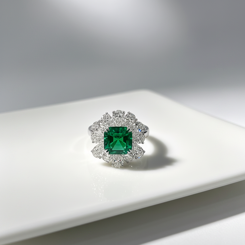 18K White Gold Lab-Grown Emerald Cluster Halo Ring - front view