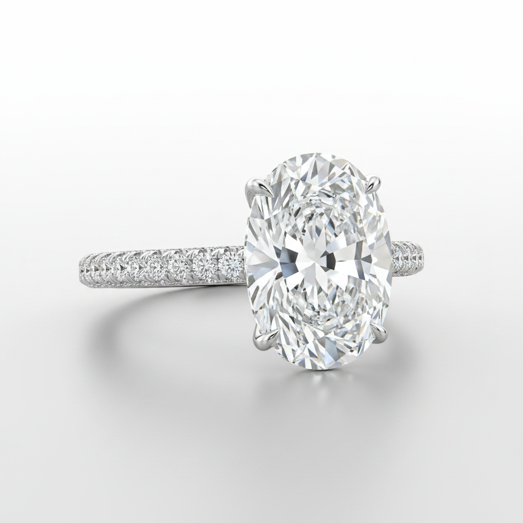 18K White Gold IGI Lab-Grown Oval Diamond Pavé Ring 5.05ct - three-quarter view