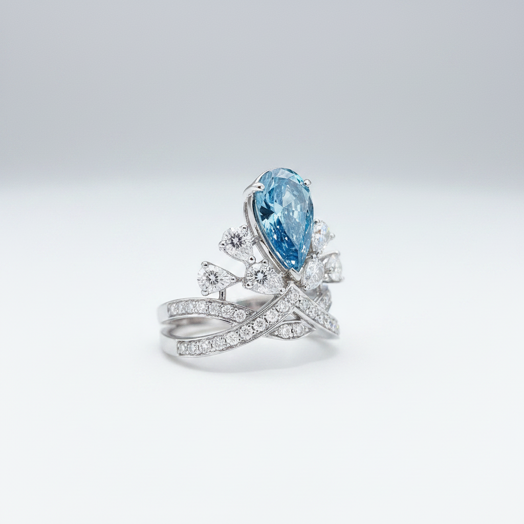18K White Gold IGI Lab-Grown Blue Diamond Pear Crown Ring - three-quarter view