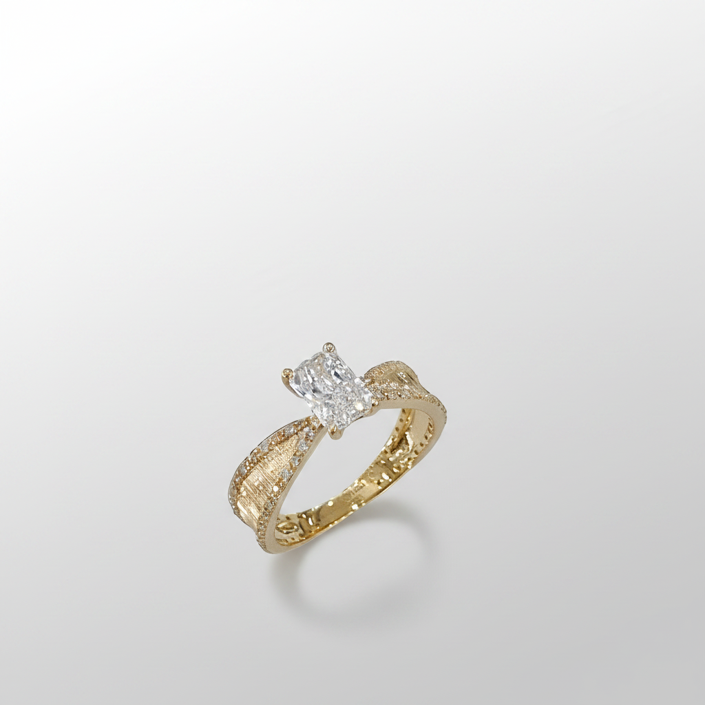 18K Yellow Gold Lab-Grown Diamond Radiant Cut Brushed Vintage Ring - Side Angle View