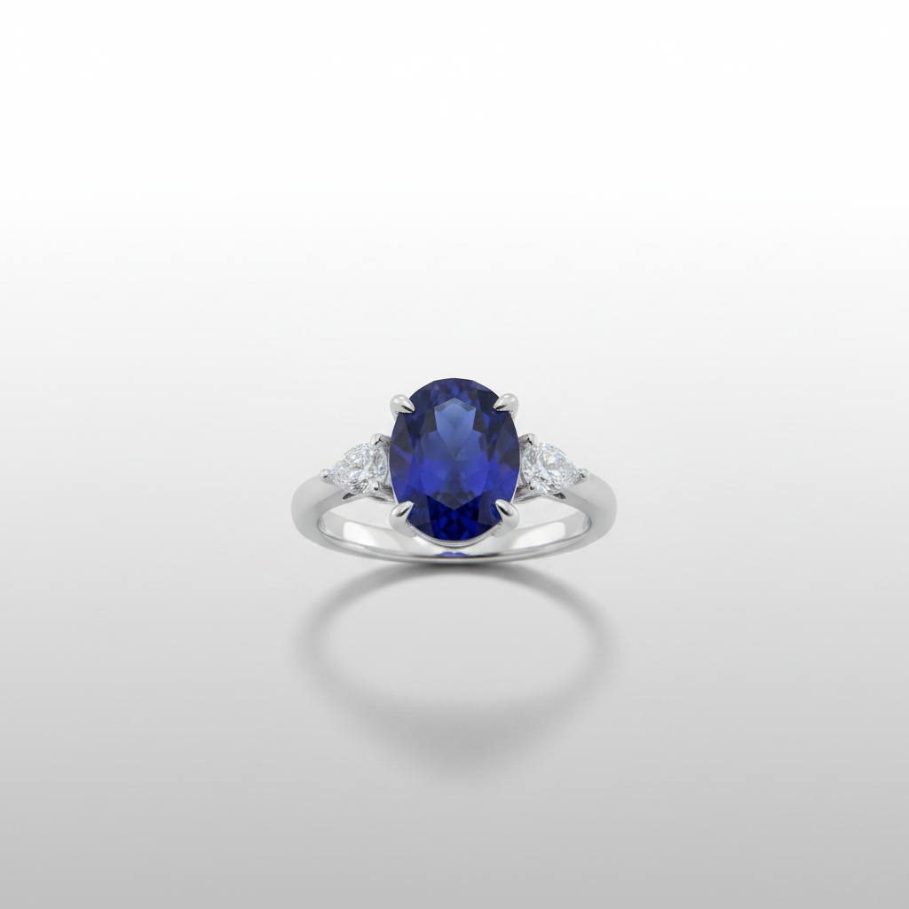 PT950 Lab-Grown Blue Sapphire Oval Three-Stone Ring - Front View