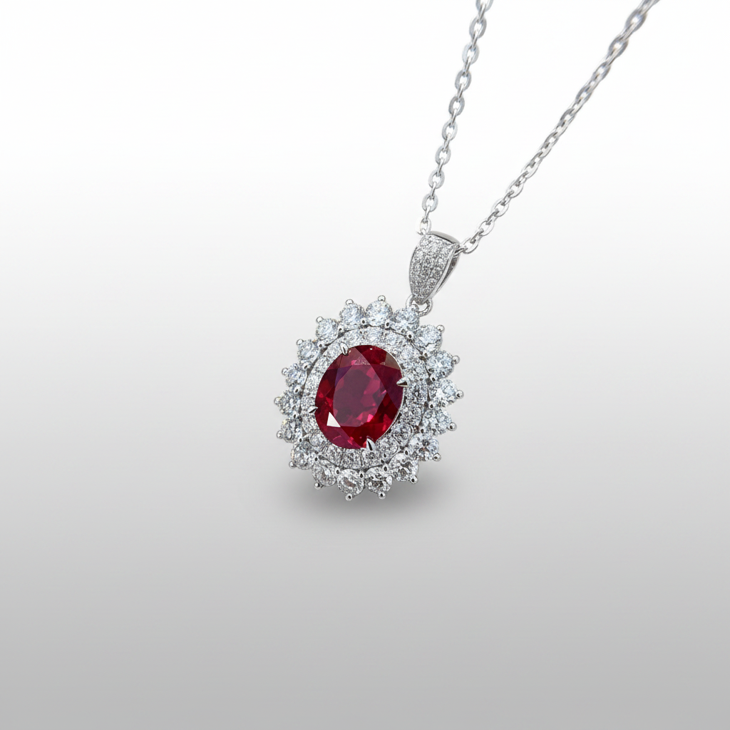 18K White Gold Lab-Grown Ruby Double Halo Diamond Necklace - Angled View