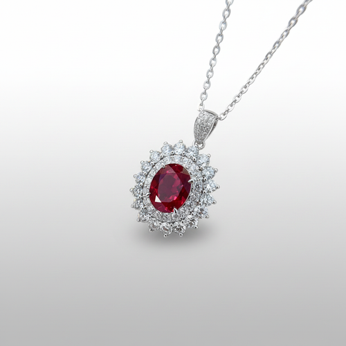 18K White Gold Lab-Grown Ruby Double Halo Diamond Necklace - Angled View