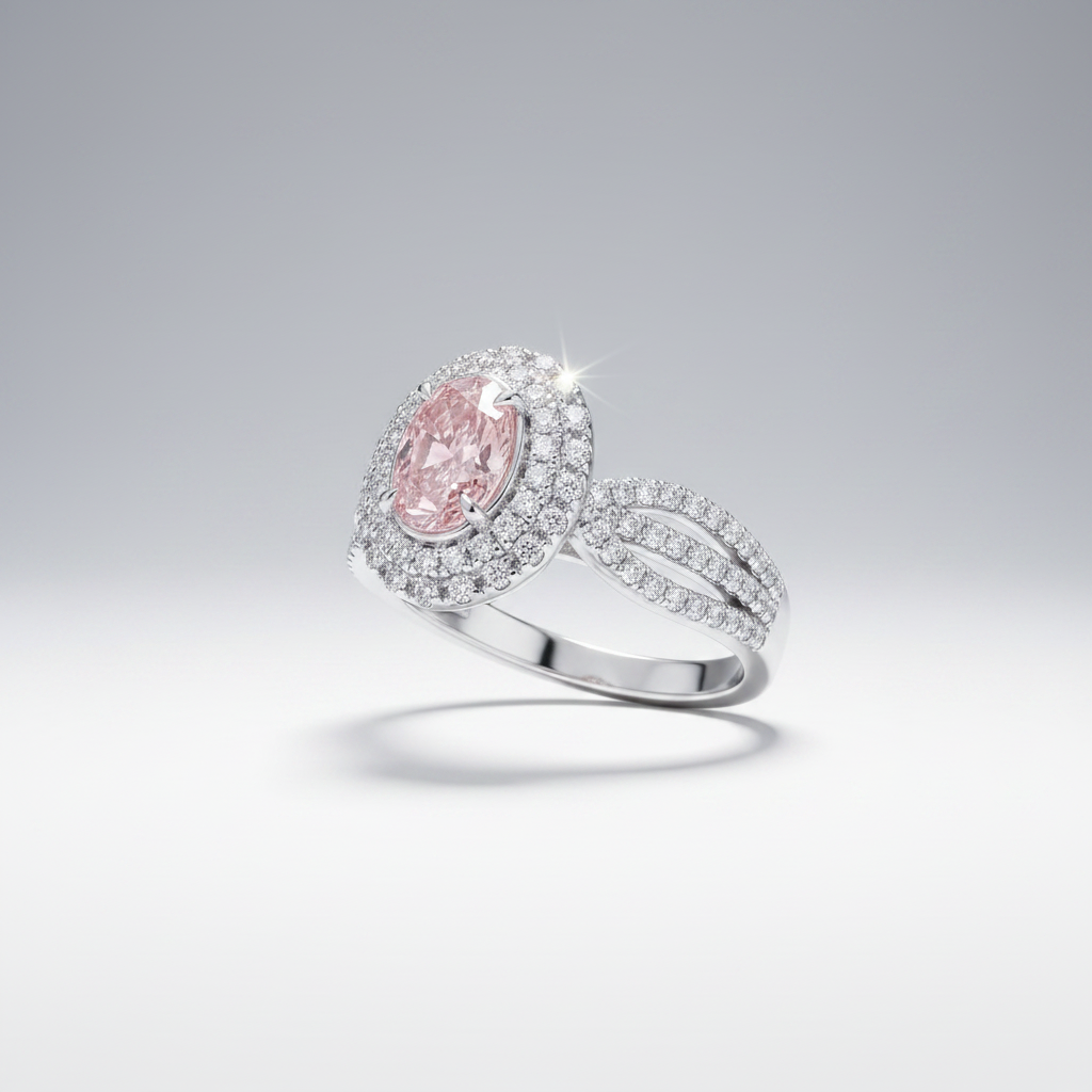 18K White Gold Pink Diamond Oval Halo Ring - 45 Degree View