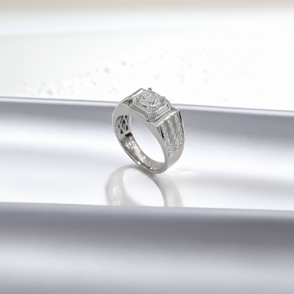 PT950 Lab-Grown Diamond Three-Row Pavé Men's Ring - Side View