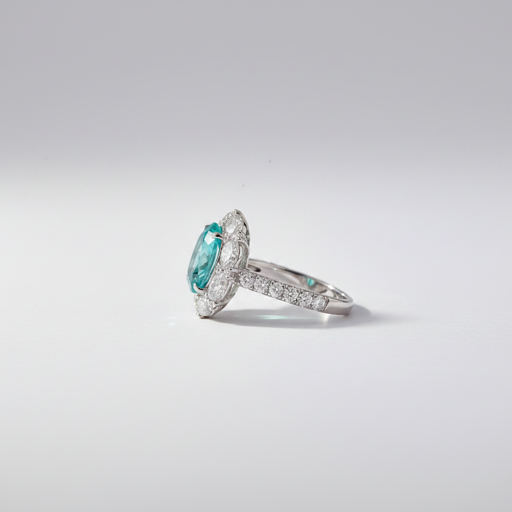 PT950 Paraiba Tourmaline Diamond Halo Ring - Side View