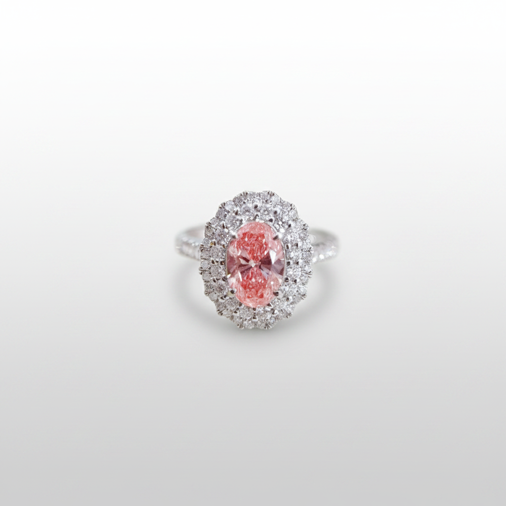 18K White Gold Lab-Grown Pink Diamond Double Halo Ring - Front Upright View