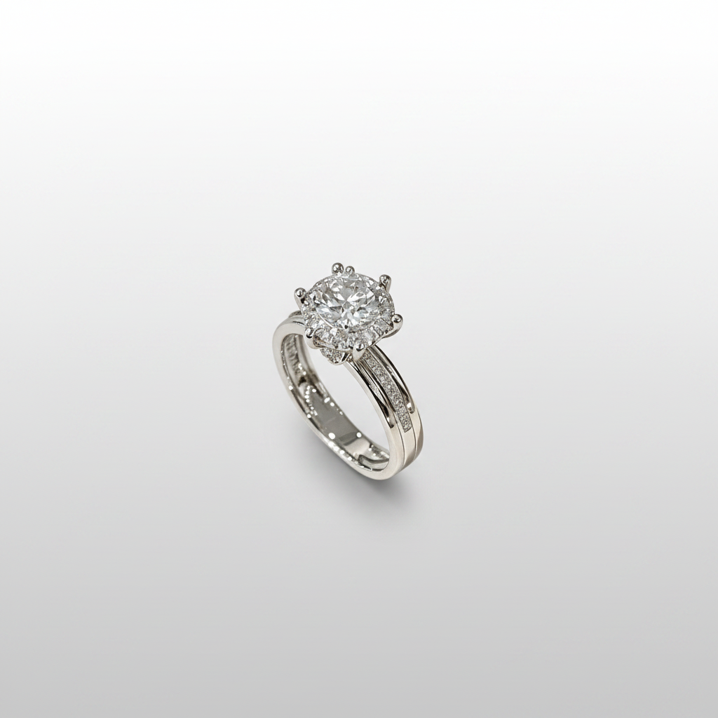 18K White Gold Lab-Grown Diamond IGI Six-Prong Halo Ring - Front View