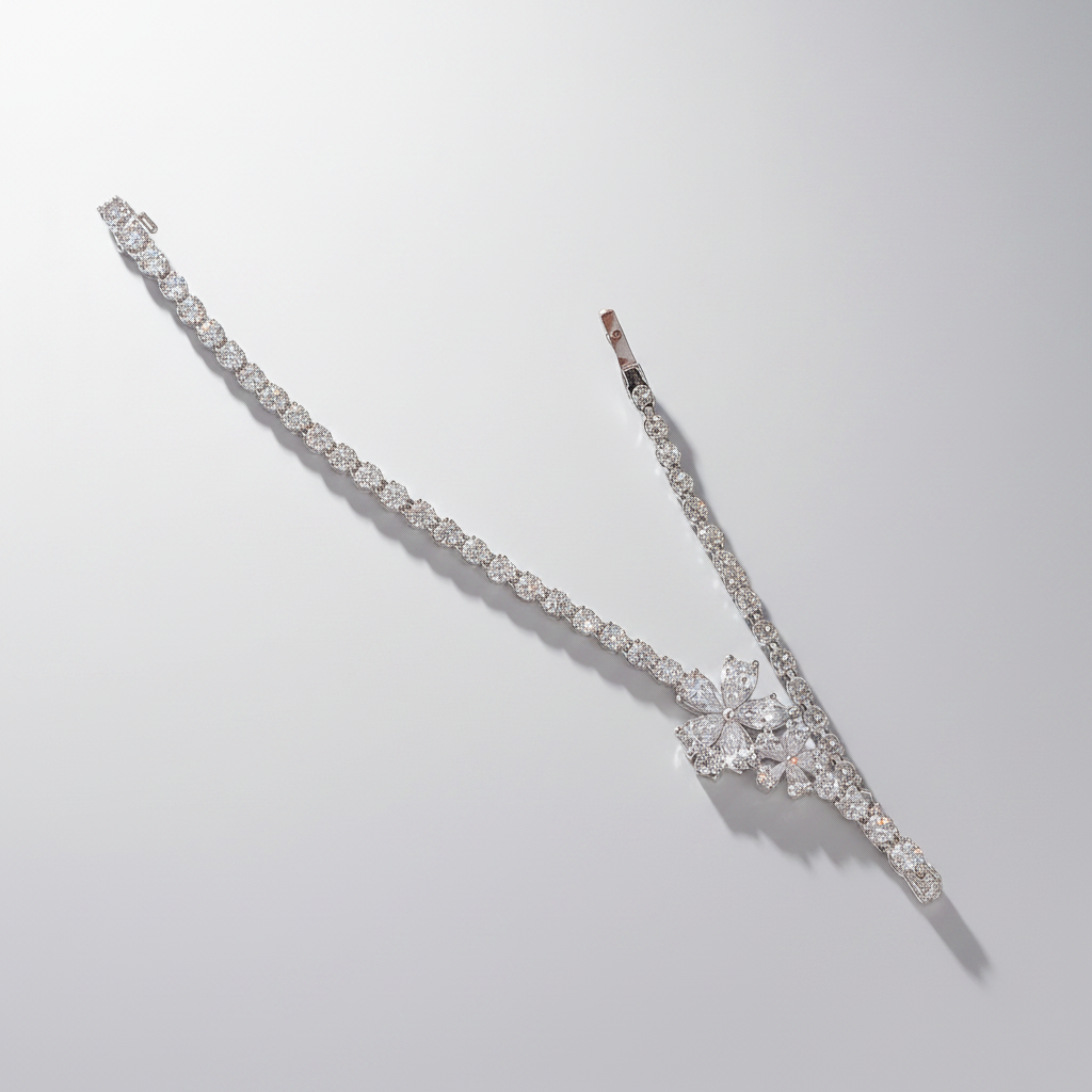 18K White Gold Lab-Grown Diamond Flower Centerpiece Tennis Bracelet - Two Size Comparison
