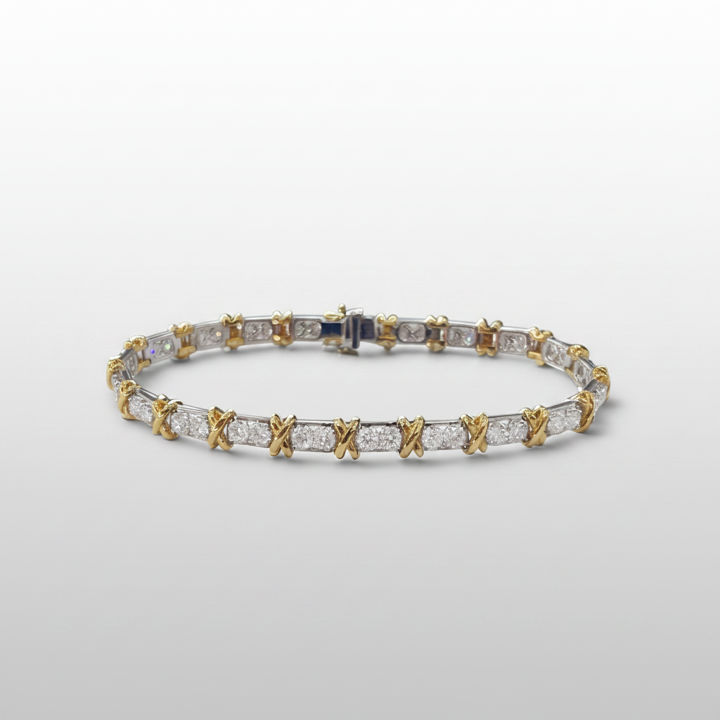 18K Two-Tone Lab-Grown Diamond X-Link Tennis Bracelet - Oval Display View