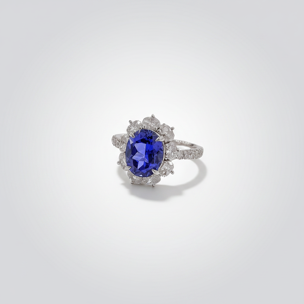 PT950 Lab-Grown Blue Sapphire Oval Half-Moon Diamond Halo Ring - Flat Low Angle View