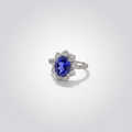 PT950 Lab-Grown Blue Sapphire Oval Half-Moon Diamond Halo Ring - Flat Low Angle View