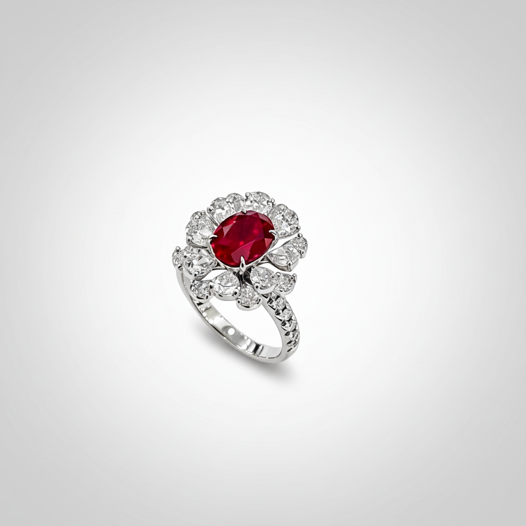 18K White Gold Lab-Grown Ruby Oval Halo Ring - 45 Degree View