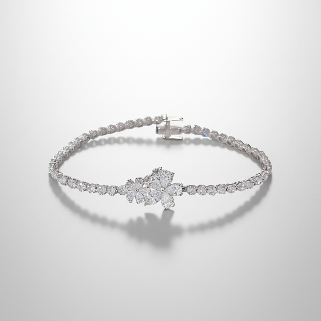 18K White Gold Lab-Grown Diamond Flower Centerpiece Tennis Bracelet - Oval Display View