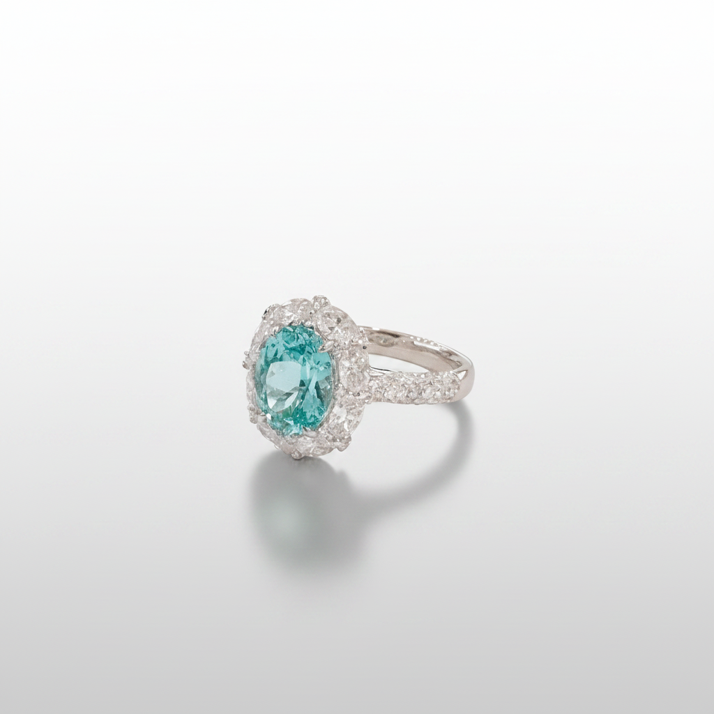 Teal Diamond Oval Halo White Gold Ring - Side View