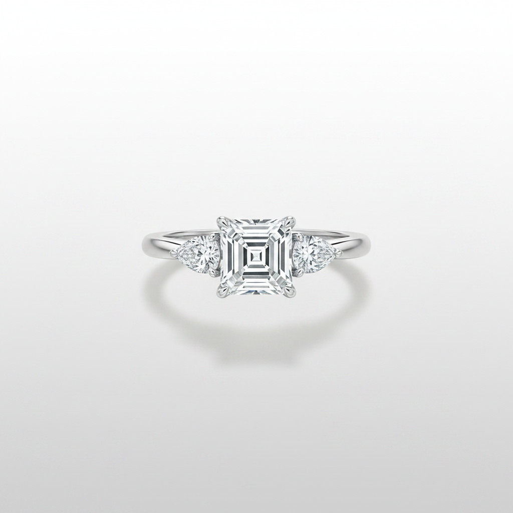 18K White Gold IGI Lab-Grown Diamond Asscher Three-Stone Ring - top view