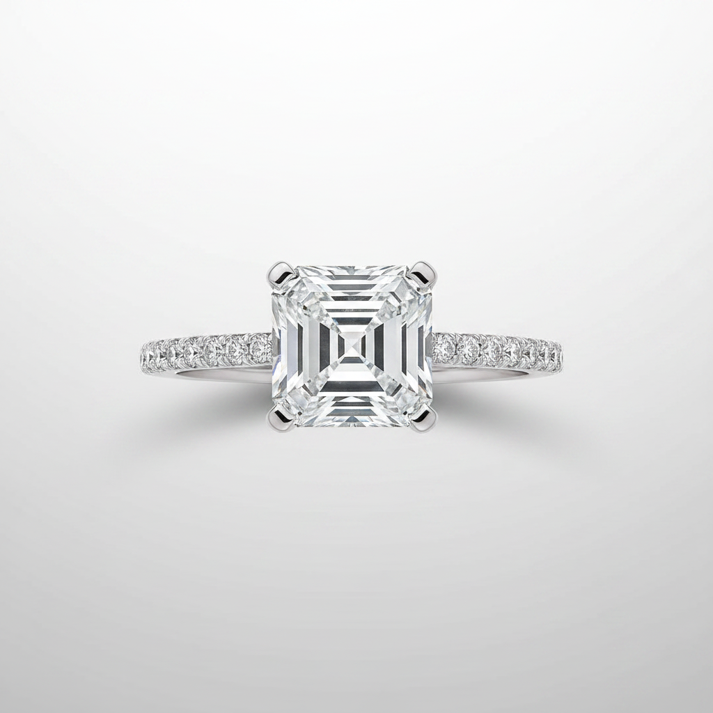 18K White Gold IGI Lab-Grown Asscher Cut Diamond Pavé Ring - top view