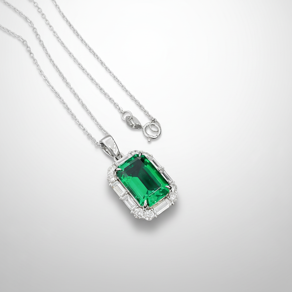 18K White Gold Lab-Grown Emerald Baguette Halo Necklace - Full Chain View