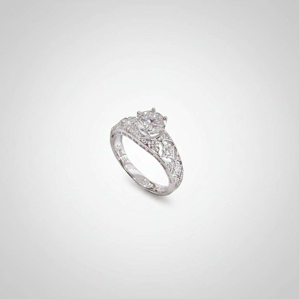 18K White Gold Lab-Grown Diamond Vintage Filigree Six-Prong Ring - 45 Degree View
