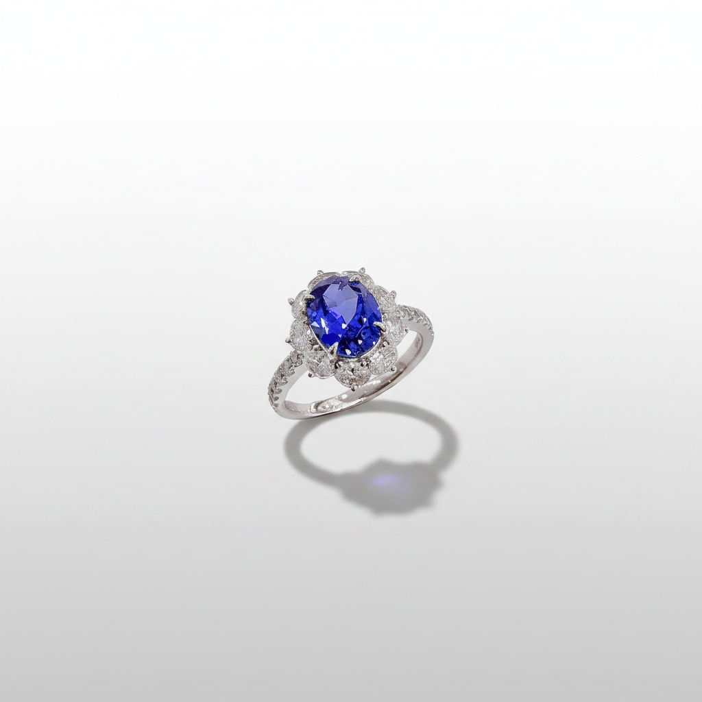 PT950 Lab-Grown Blue Sapphire Oval Half-Moon Diamond Halo Ring - Elevated Front View