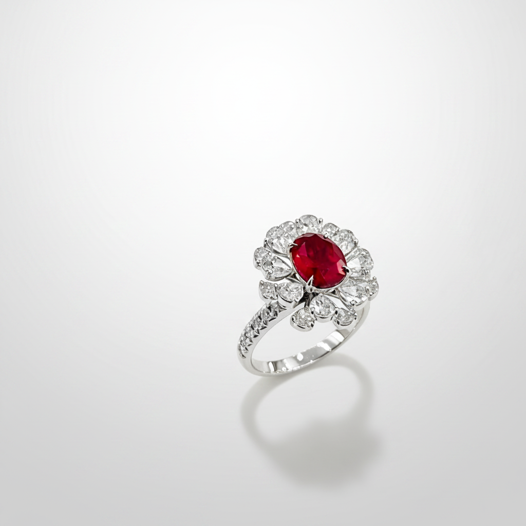 18K White Gold Lab-Grown Ruby Oval Halo Ring - 45 Degree View