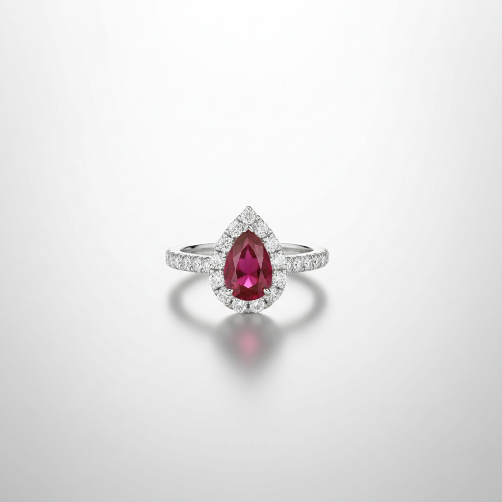 18K Lab-Grown Ruby Pear Halo Ring - front view