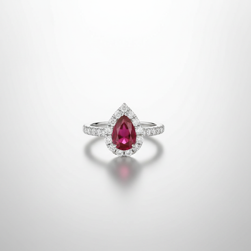 18K Lab-Grown Ruby Pear Halo Ring - front view