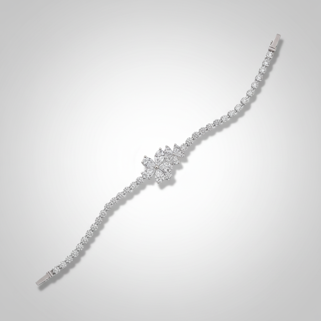 18K White Gold Lab-Grown Diamond Flower Centerpiece Tennis Bracelet - Diagonal View