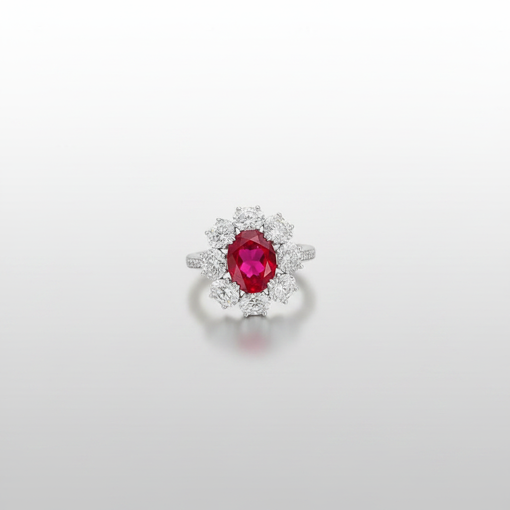 18K White Gold Lab-Grown Ruby Oval Diamond Halo Ring - 45 Degree View