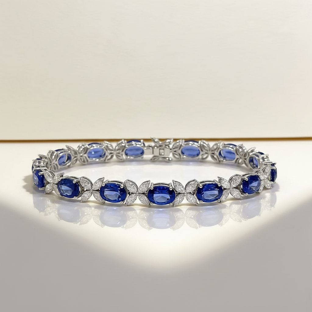 18K White Gold Lab-Grown Blue Sapphire Diamond Floral Tennis Bracelet - side view