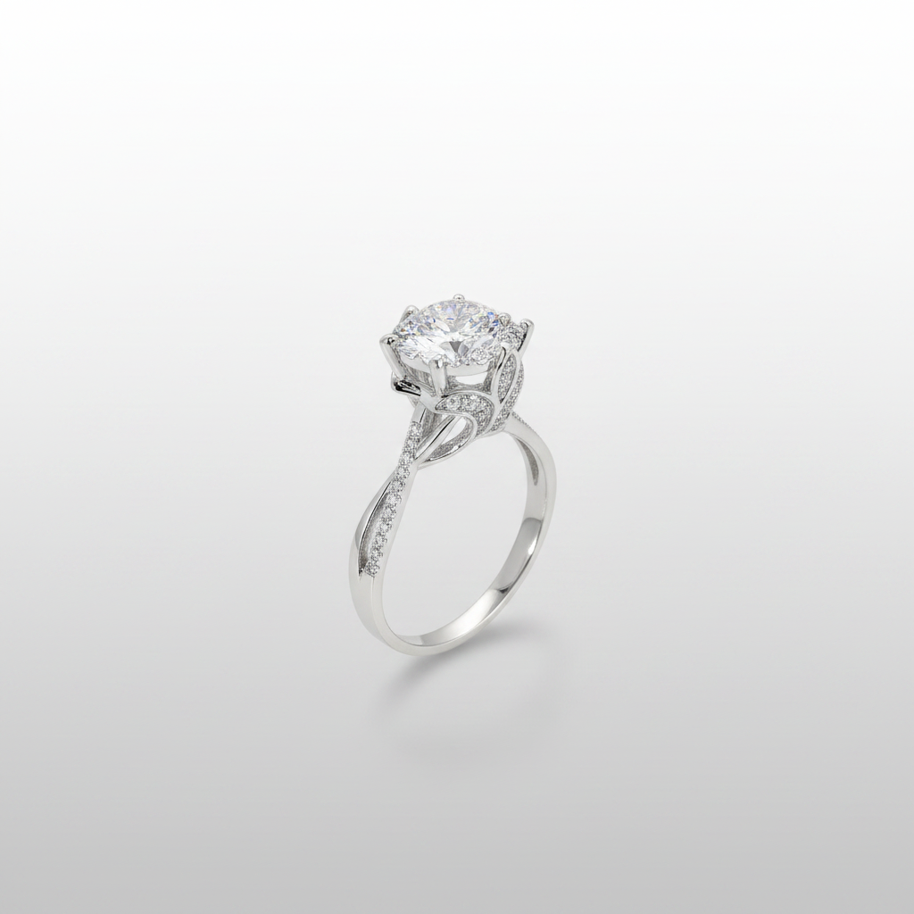 18K White Gold Lab-Grown Diamond Iris Flower Halo Ring - 45 Degree View