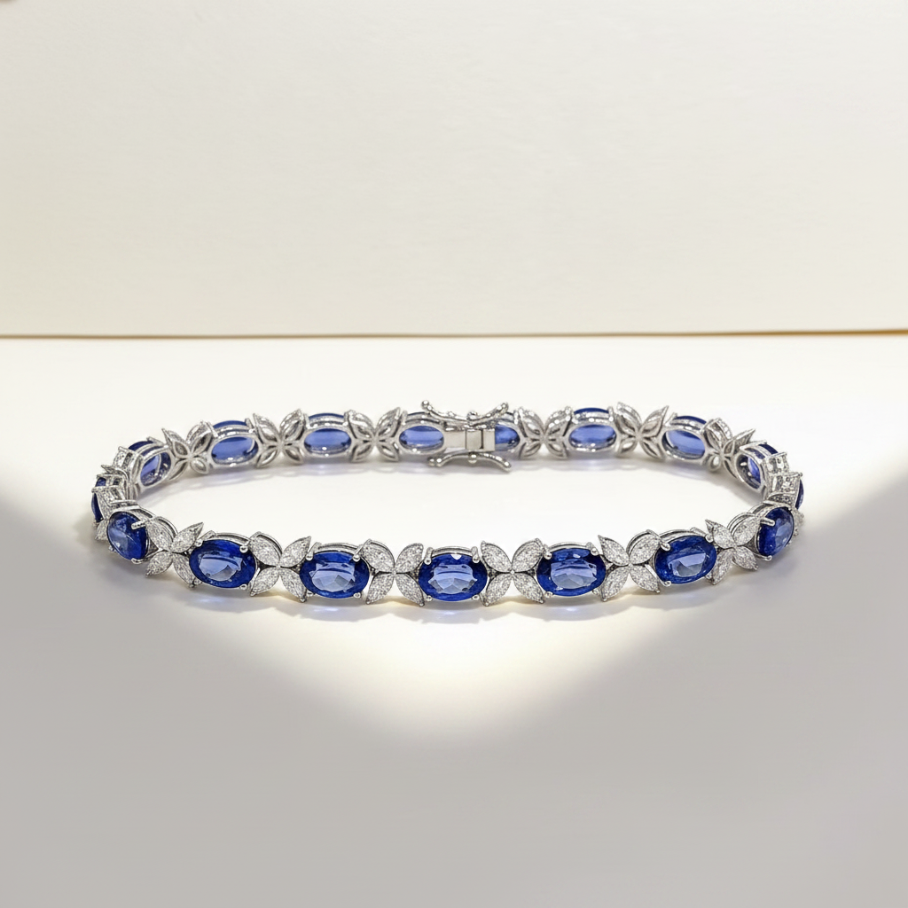 18K White Gold Lab-Grown Blue Sapphire Diamond Floral Tennis Bracelet - three-quarter view