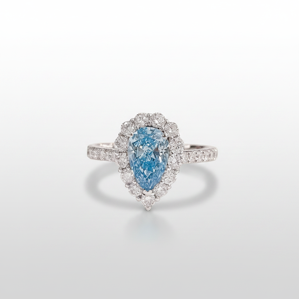 18K White Gold Lab-Grown Blue Diamond Pear Halo Ring - Front View