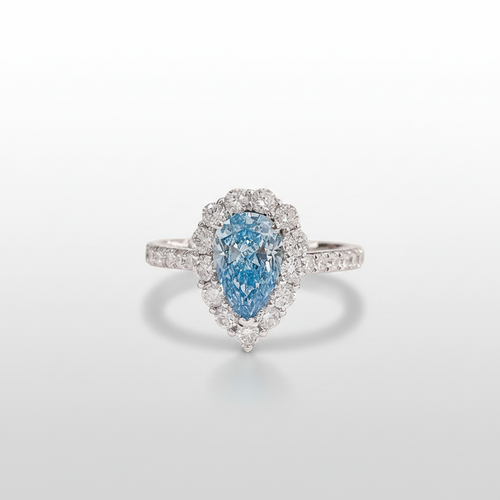 18K White Gold Lab-Grown Blue Diamond Pear Halo Ring - Front View