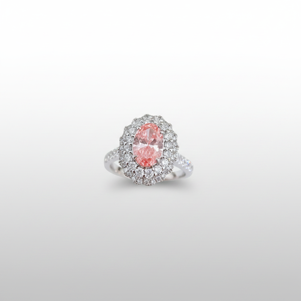 18K White Gold Lab-Grown Pink Diamond Double Halo Ring - Top Down View