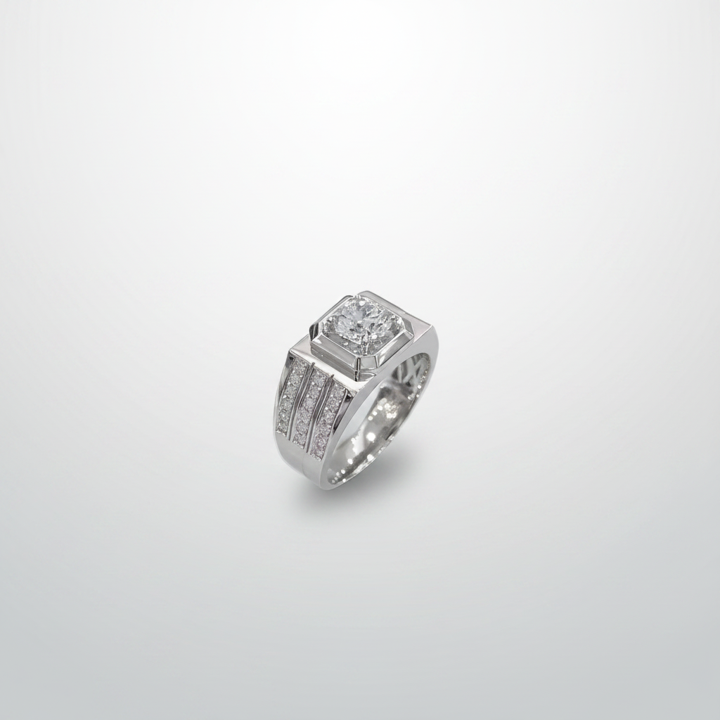 PT950 Lab-Grown Diamond Three-Row Pavé Men's Ring - 45 Degree View