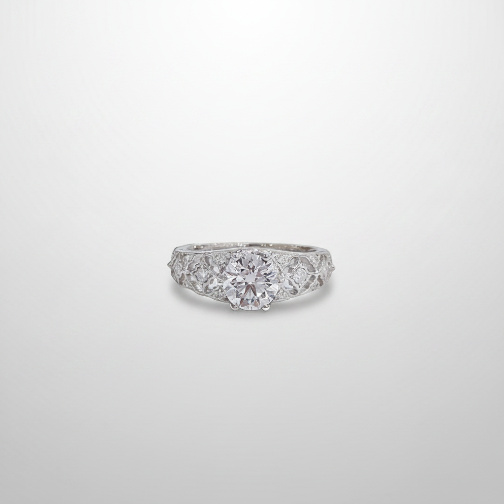 18K White Gold Lab-Grown Diamond Vintage Filigree Six-Prong Ring - Front View