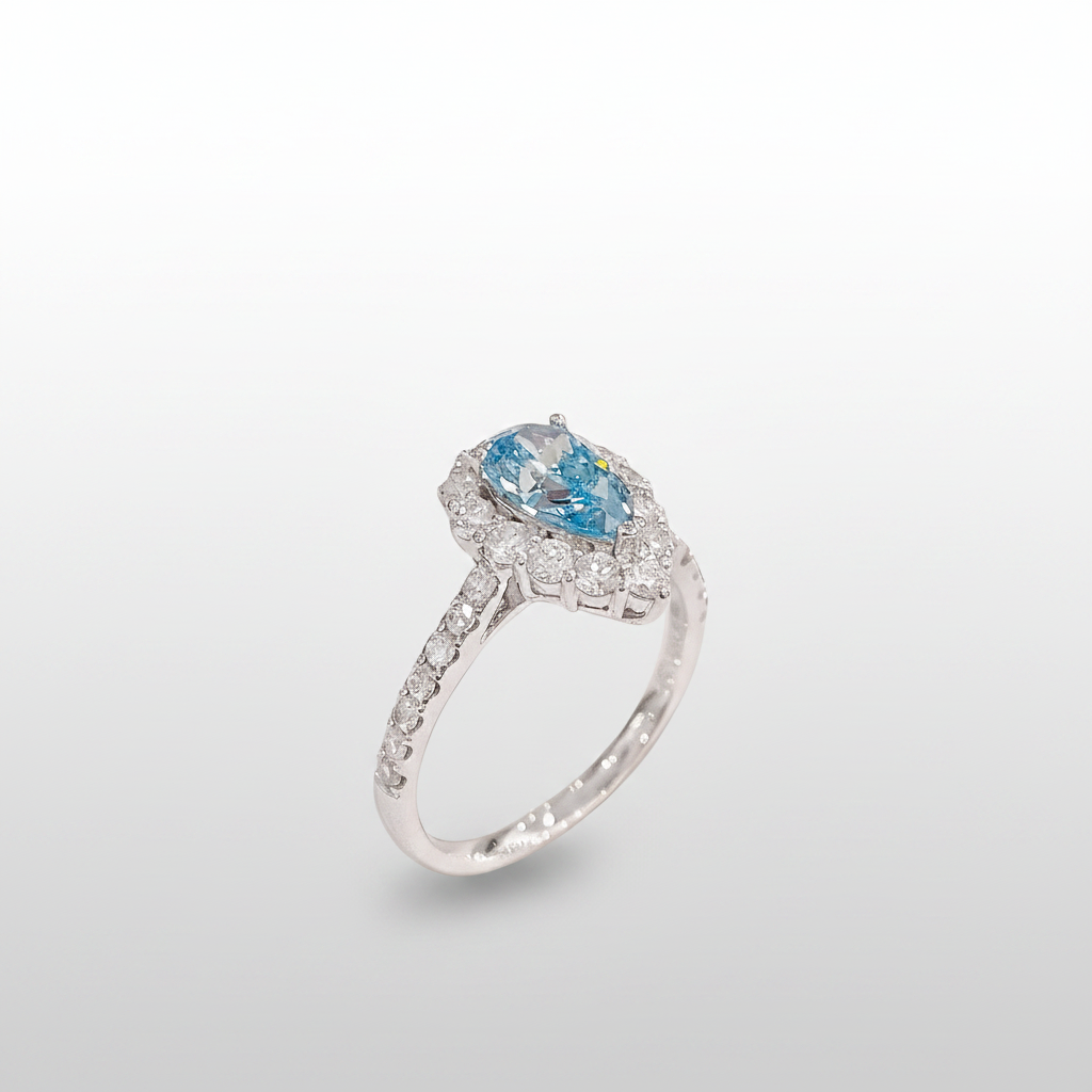 18K White Gold Lab-Grown Blue Diamond Pear Halo Ring - Side Profile View