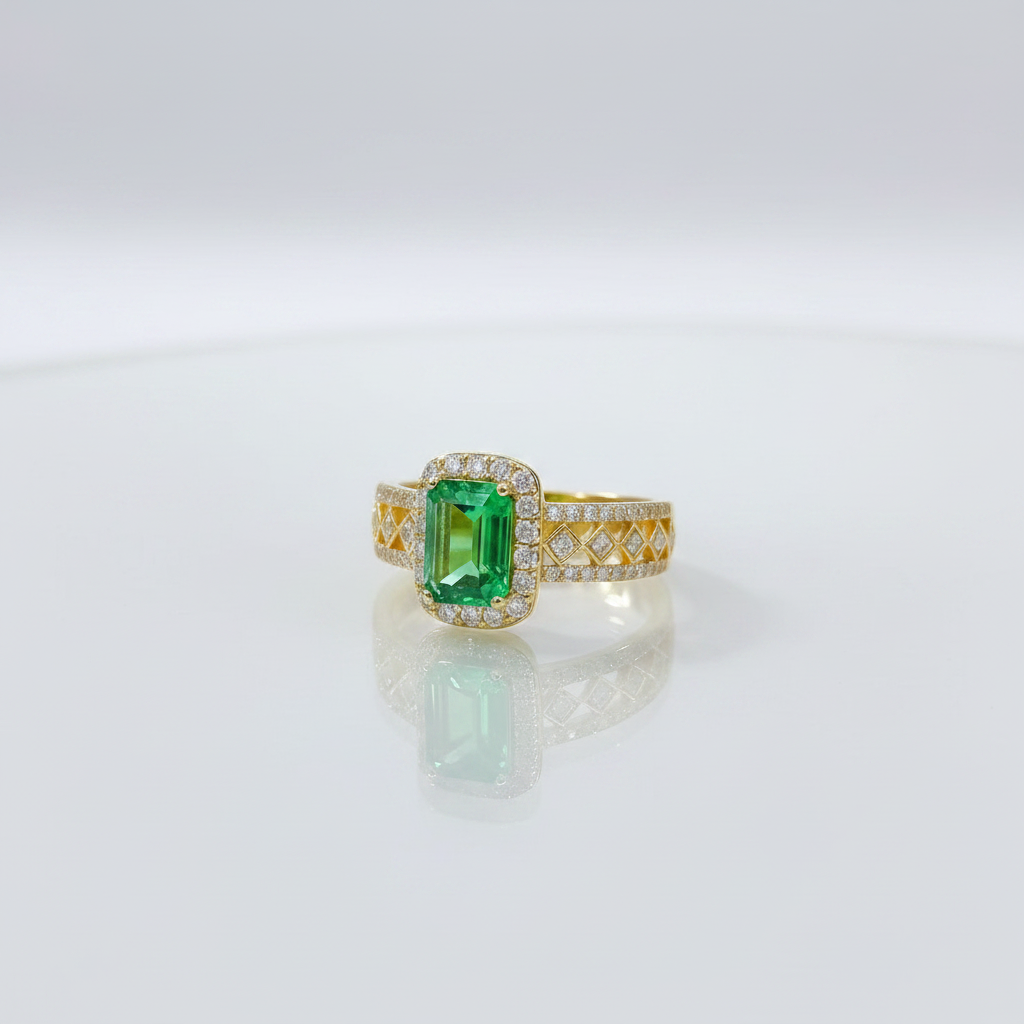 18K Yellow Gold Lab-Grown Emerald Vintage Filigree Halo Ring - 45 degree view