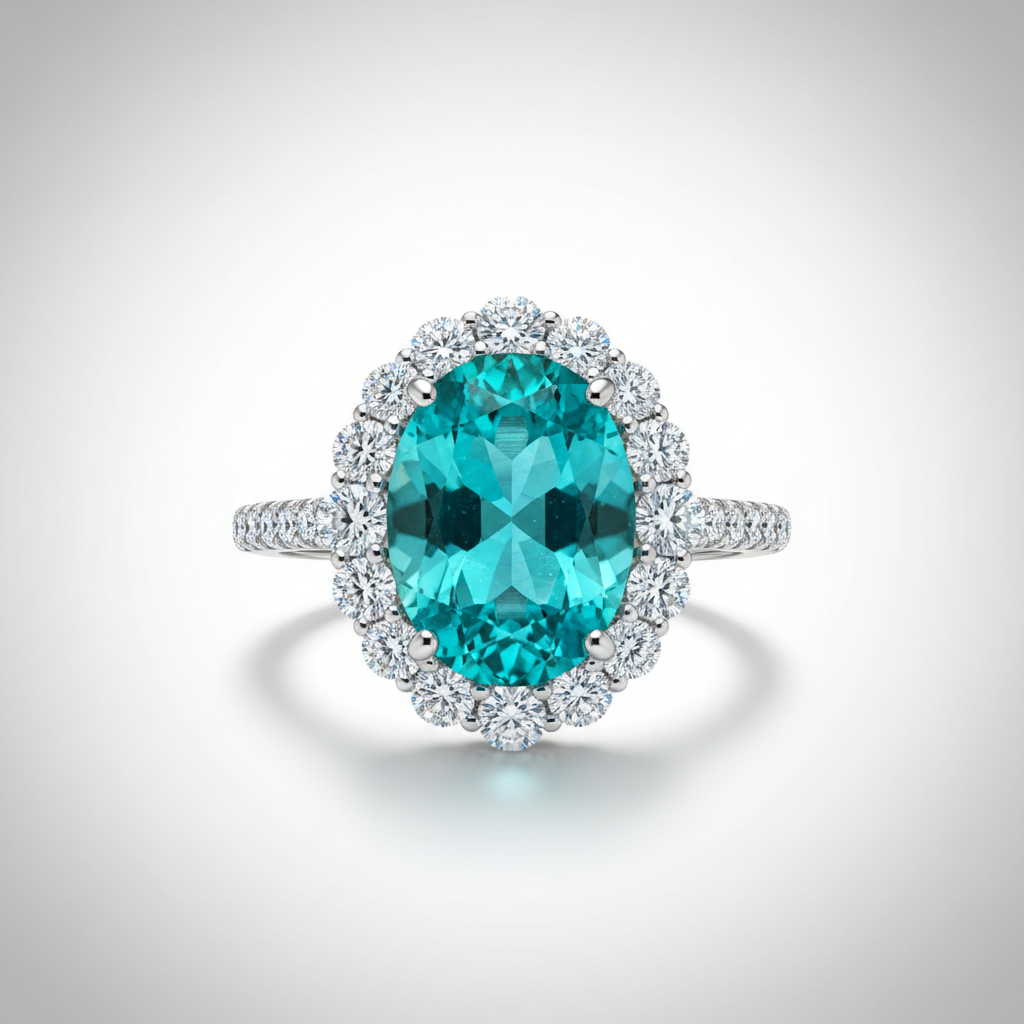 Lagoon Halo PT950 Paraiba Tourmaline Diamond Halo Ring - Top View