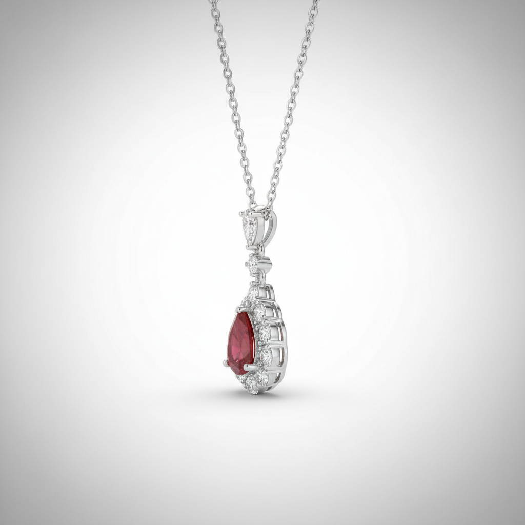 18K White Gold Ruby Diamond Halo Drop Necklace - Side View