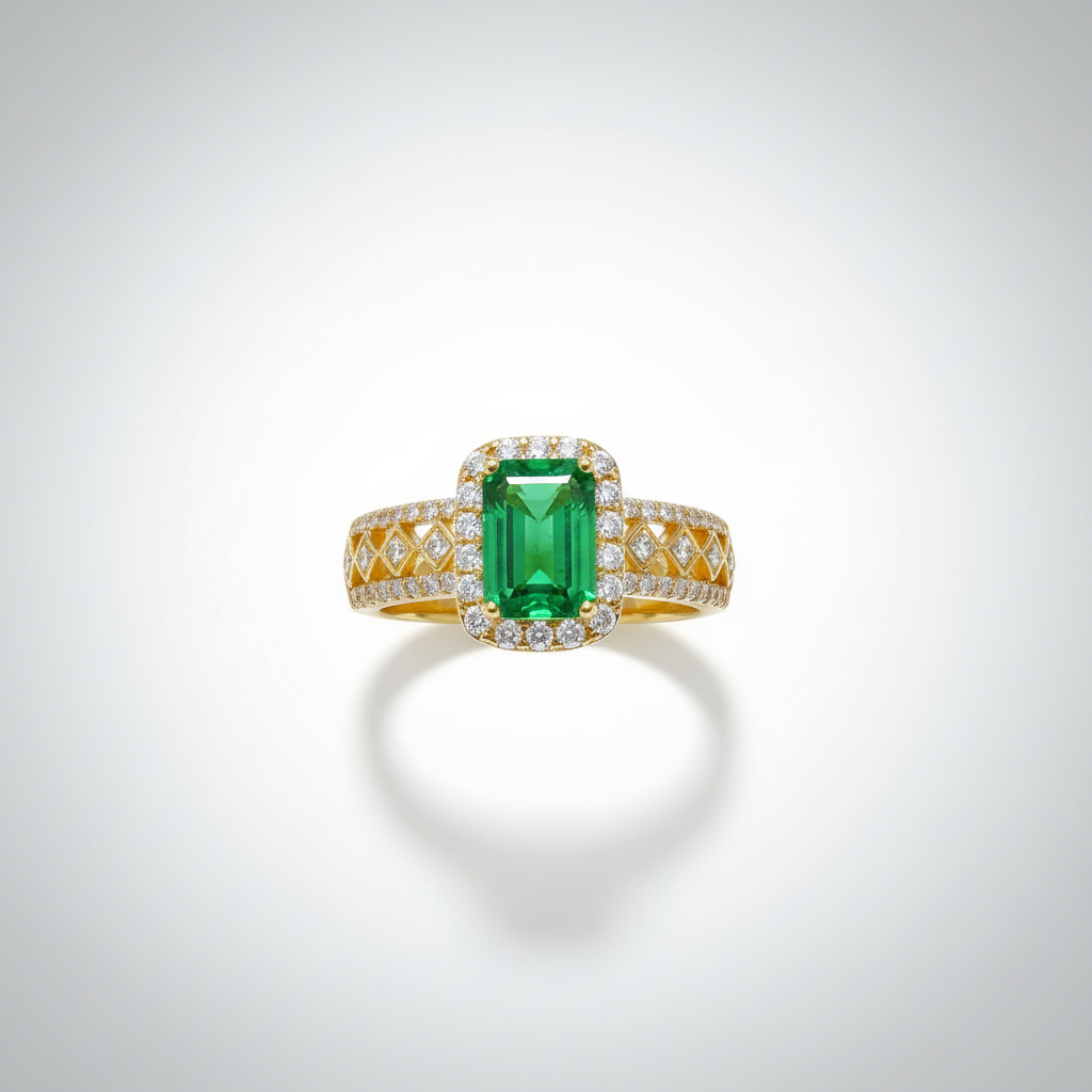 18K Yellow Gold Lab-Grown Emerald Vintage Filigree Halo Ring - top view
