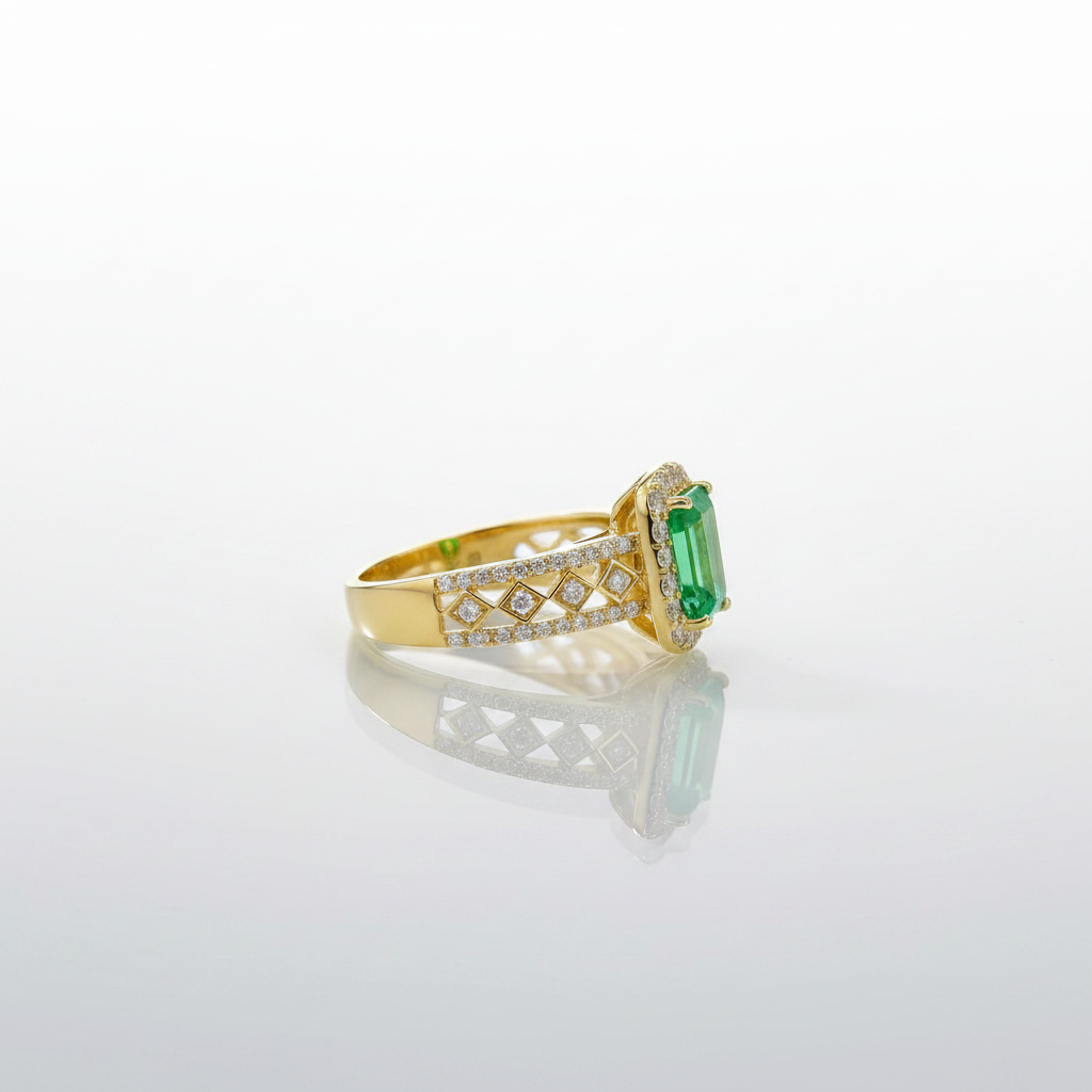 18K Yellow Gold Lab-Grown Emerald Vintage Filigree Halo Ring - side view