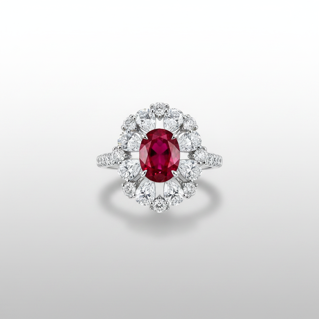 18K White Gold Lab-Grown Ruby Oval Halo Ring - Top View