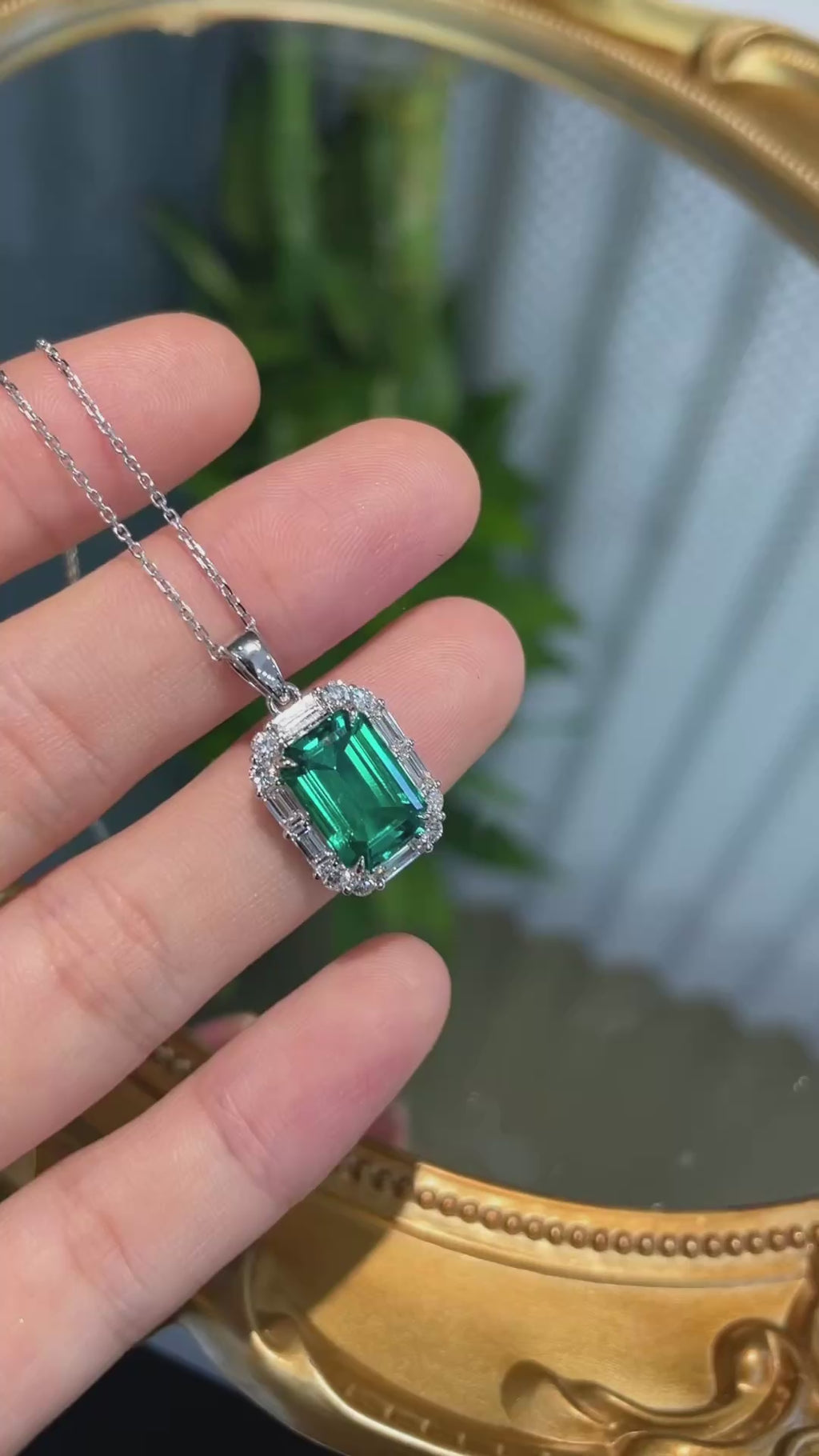 18K White Gold Lab-Grown Emerald Emerald-Cut Baguette Halo Necklace | 3.03ct