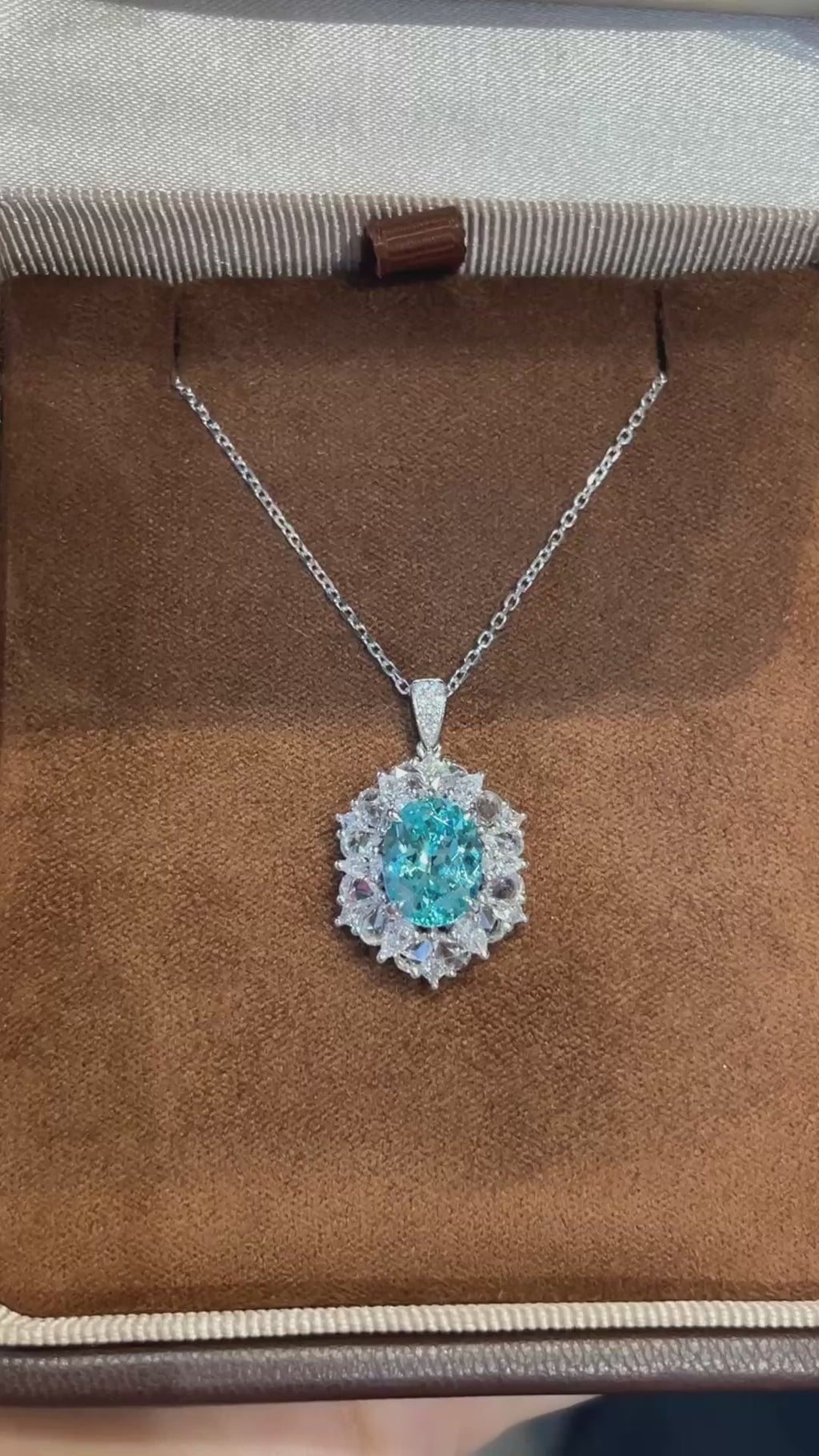 PT950 Lab-Grown Paraiba Tourmaline Oval Sunburst Diamond Halo Necklace | 3.20ct