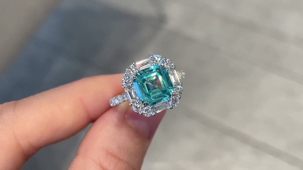 18K White Gold Lab-Grown Paraiba Tourmaline Asscher-Cut Diamond Halo Ring | 3.75ct