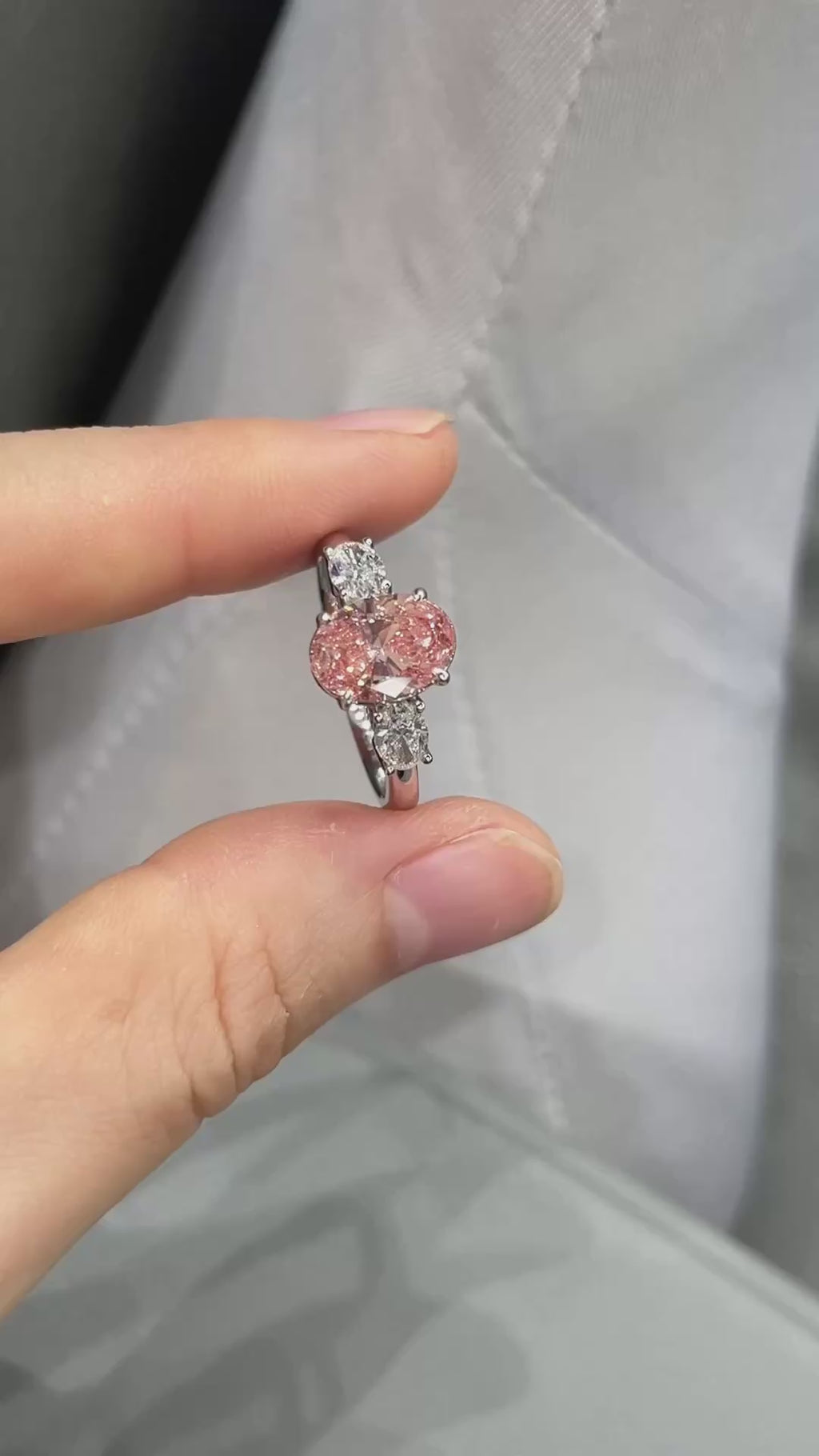 18K White Gold Lab-Grown Pink Diamond Oval Three-Stone Ring | 1.51ct