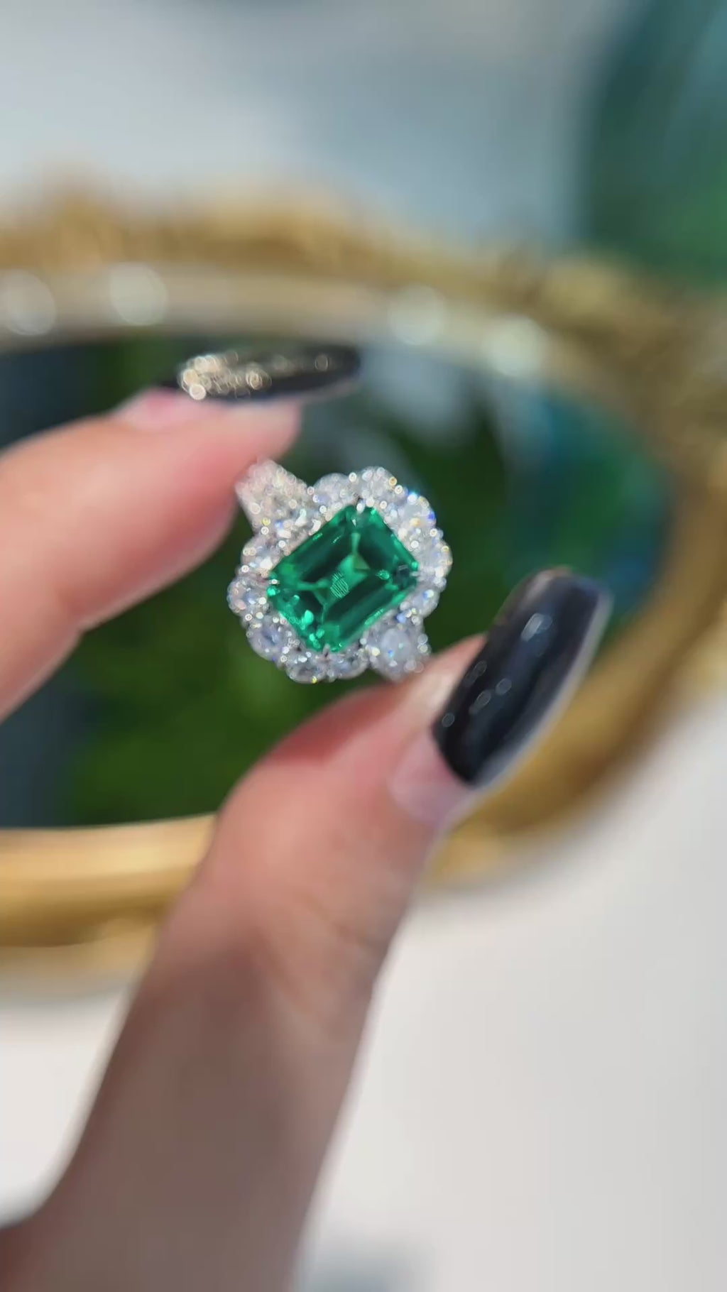 18K White Gold Lab-Grown Emerald Emerald-Cut Diamond Halo Y-Band Ring | 2.16ct