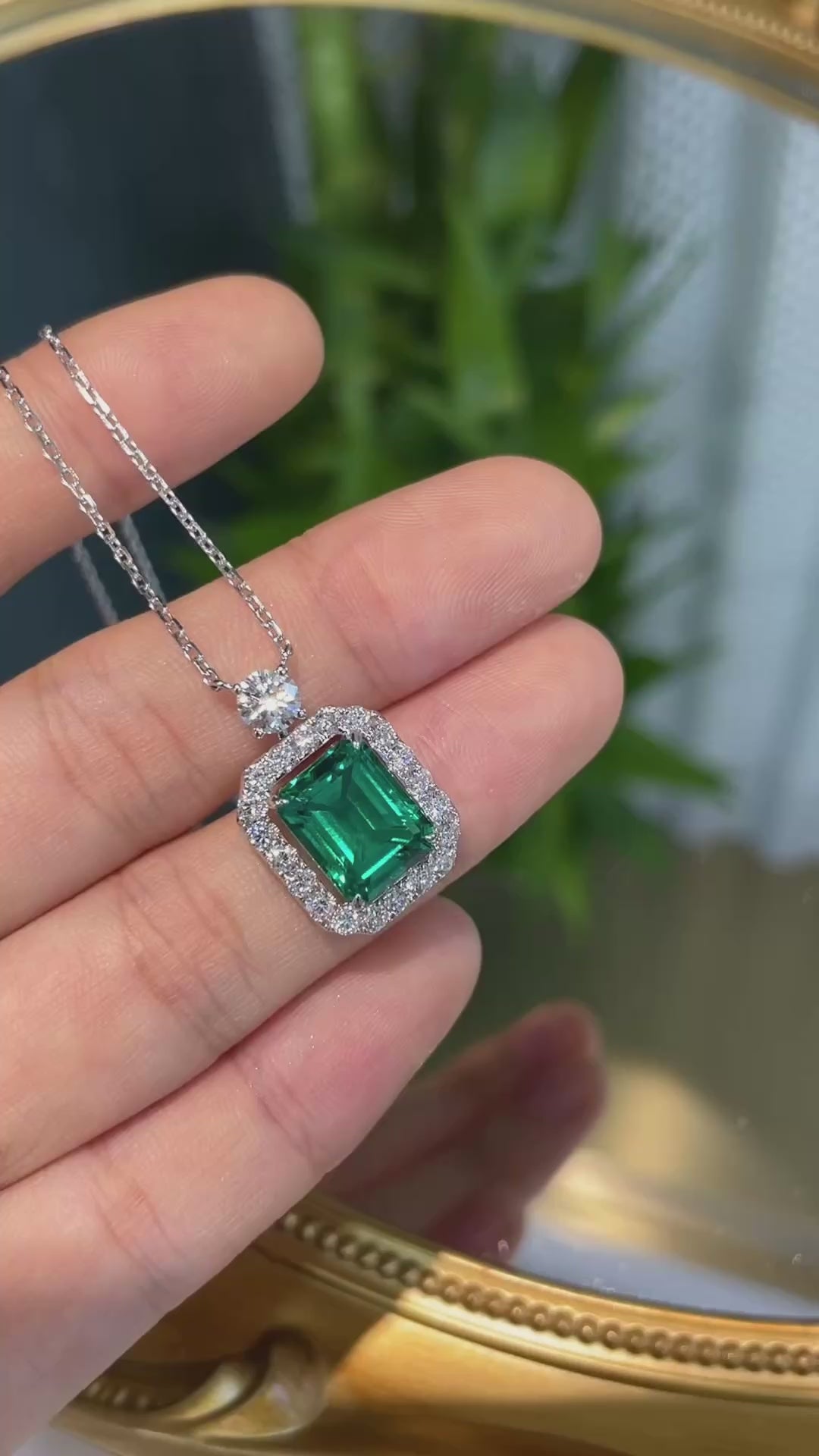 18K White Gold Lab-Grown Emerald Diamond Halo Necklace | 3.1ct Emerald Cut